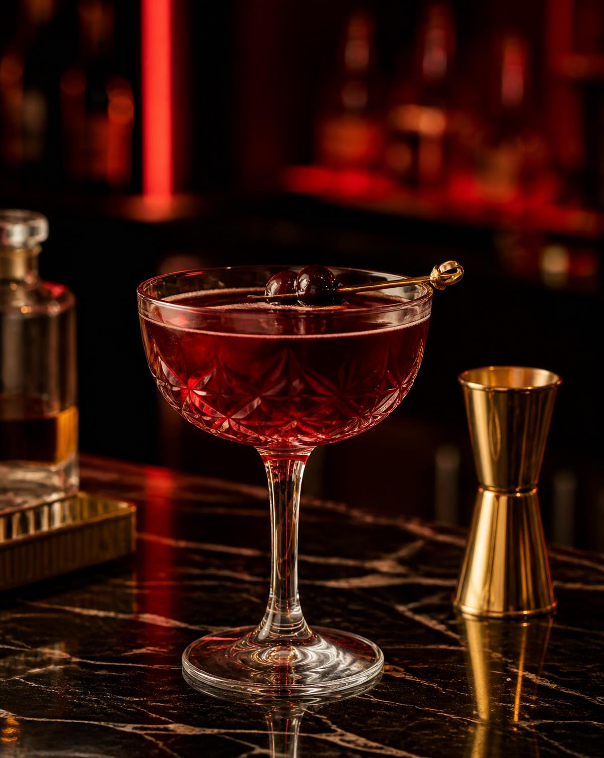 Signature crimson cocktail in a crystal coupe on dark marble