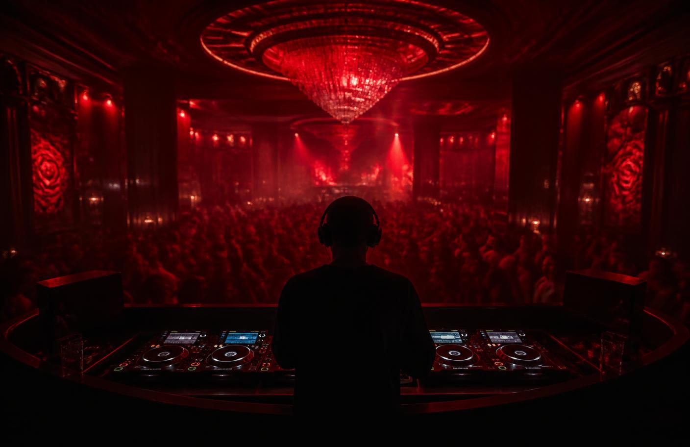 Resident DJ performing in red light at The Saint