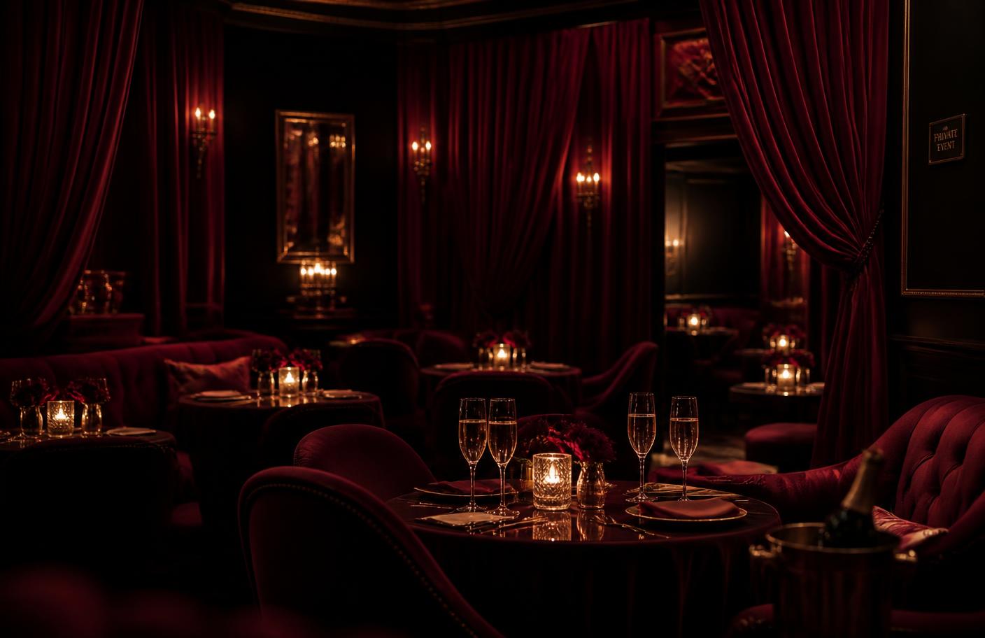 Private event set-up with velvet curtains and champagne at The Saint