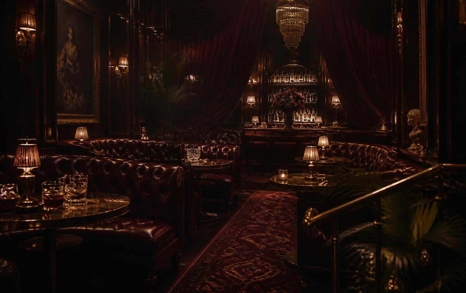 The dimly lit maroon lounge at The Saint in Farmingdale